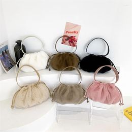 Evening Bags Winter Faux Fur Shoulder Bag Designer Women's Pleated Plush Hobos Solid Fluffy Drawstring Handbag Commuting Daily