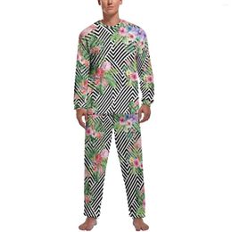 Men's Sleepwear Tropical Flamingo Pyjamas Man Geometric Floral Print Cute Winter Long-Sleeve 2 Piece Room Printed Set