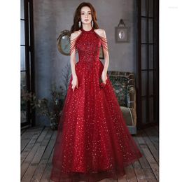 Party Dresses Wine Red Halter Prom With Beads Luxury Appliques A-Line Floor-Length Long Women Evening Gowns For Wedding