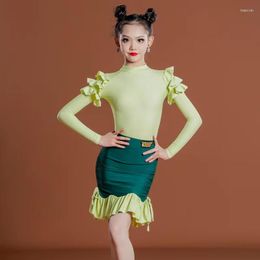 Stage Wear 2023 Latin Dance Dress Girls' Performance Costume Split Set Children's Long Sleeve Top And Skirt Practise