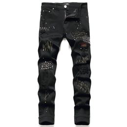 Black Rivets Men's Jeans Stretch Ripped Paint Denim Pants Fashion Slim Embroidery Trousers Punk Style Male Clothing Pantalone263l