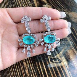 Dangle Earrings QSilver Colour For Charm Women Jewellery Paraiba Lab Emerald Stone Retro Style Exotic Accessories Gifts