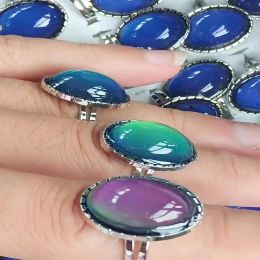 Large oval crystal mood ring Jewellery high quality stainless steel Colour changing ring adjustable279B LL