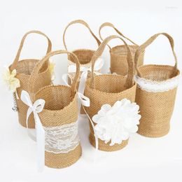 Gift Wrap Natural Vintage Jute Burlap Flower Basket Linen Handle Rustic Wedding Table Decoration Baby Shower Party Candy Bag
