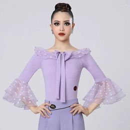 Stage Wear Long Sleeves Purple Latin Dance Tops Women's Modern Bodysuit Funky Elegant Dancewear Clothes Ballroom Waltz Blouse