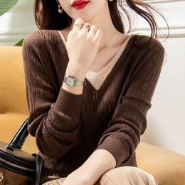 Women's Sweaters Spring Autumn Elegant Fashion Sexy V Neck Hollow Patchwork Pullover Basic Knitwear Casual Long Sleeve Top Female Clothing