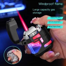 Metal Mecha Windproof Red Flame Butane No Gas Lighter LED Brilliant Colourful Light Transparent Visible Window Rotating Wheel XZ4C