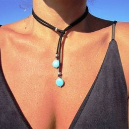 Pendant Necklaces Turquoise Leather Necklace 2 Strand Y Shaped Choker W Turquoise Charm Bohemian Jewelry Natural Blue Stone Vegan Suede Lariat Wra 230831