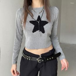 Women's Sweaters Y2K Star Harajuku Sweater Crop Top Fitted Long Sleeve Grey Vintage O Neck Knit Pullovers Korean Style Girl Tshirts