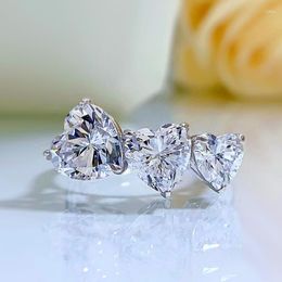 Cluster Rings 2023 S925 Silver Heart-shaped Diamond Three-born Stone Ring Engagement Fashion Wedding Female