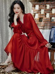 Casual Dresses Retro Woman Red Chiffon Fairy Dress Vintage France Style V-Neck Bandage Flare Sleeve Elegant Lady Midi Robe Rouge Femme