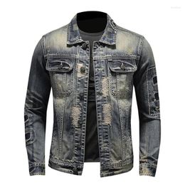 Men's Jackets Denim Jacket Ripped Patch Outerwear Vintage Frayed Coat Fashionable Personality Casual Male