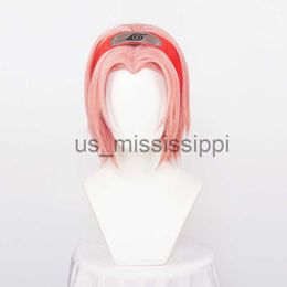 Cosplay Wigs Girl Synthetic Anime Cosplay Haruno Sakura Wig Pink Cute Hair Heat Resistance Party Play Role Red Headband Wig Cap Free x0901