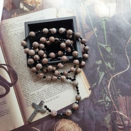 Pendant Necklaces Diyalo Coffee Snowflake Stone Prayer Beads Chain Grey Hematite Crucifixion Cross Rosary Necklace Chaplet Baptism Jewellery