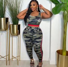 Designer 2023 Silm Pants Suit Womens Two Pieces Jogger Set New Camo Printed Sleeveless Sexy Fashion Tights Suits