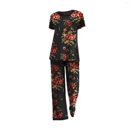 Gym Clothing Women's Floral Pattern Short Sleeved Top Pants Home Suit Pajamas For Women Fleece Pajama Pant Set