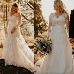 Plus Size Dresses Long Sleeves Lace Applique Beaded Tulle Custom Made Chapel Train Scalloped Neckline Wedding Gowns