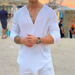 Men's Casual Shirts 2023 Spring Shirt V-neck Solid Color T-Shirt Top Tee Cotton Linen Long Sleeve Clothes For Men