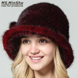 Beanie Skull Caps Ms MinShu Hand Knitted 100 Real Mink Fur Cap Winter Warm Hat Fashion Lady Genuine 230831