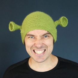 BeanieSkull Caps Monster Shrek Hat Wool Winter Knitted Hats Green Party Funny Beanie Skullies Cap for Women Men Pure Handmade 230831