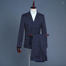 Men's Suits Suit Dress Stage Performance Po Studio Theme Blazer Set Wedding Host Navy Blue White Striped Vest Jackets 3-piece