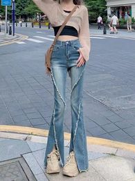Women's Jeans Flare High Waist Korean Style Simple Folds Femme Long Trousers Washed Denim Pant Vintage Slim Fit Autumn Elastic Fashi
