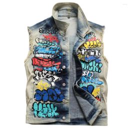 Men's Vests Mens Graffiti Printed Denim Vest Fashion Street Eager Painted Waistcoat Motorcycles Punk Tie And Dye Fringe Loose Tank Top