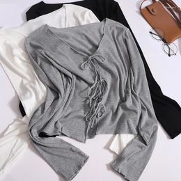 Women's Knits Autumn Lace-up T-shirt Women V-neck Long-sleeved Solid Color Cardigan Female Casual Fashion Sun Protection Shirt