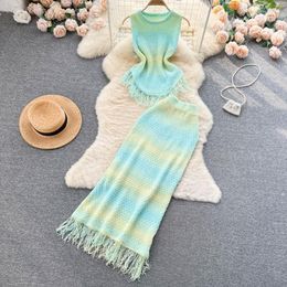 Work Dresses 2023 Summer Fashion Women Gradient Knit Suit Sleeveless Irregular Top High Waist Slim Skirt Ladies Casual Two Piece Set