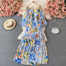 2023 Fashion Designer Boho Maxi Casual Dresses Women's Long Lantern Sleeve Blue and white porcelain Floral Print Party Long D240c