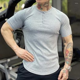 Men's T Shirts 2023 Summer Short Sleeve Slim Fit Mens Shirt Casual Pure Color Sports Fitness Training Clothes Men Leisure Buttoned Henley