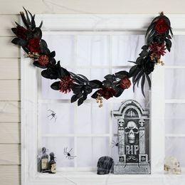 Ghirlanda decorativa di Halloween, bordeaux nero, ghirlanda di rose artificiali mamme zucca, 6 , di