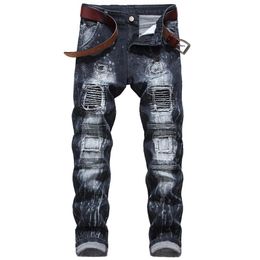 Men's New Fashion Elastic Personality Motorcycle Style Patchwork Denim Trousers High quality ripped jeans for men stretch rip301q