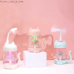 Humidifiers 350ML Cat Air Humidifier With Colour LED Light Ultrasonic 3 In 1 Adorable Cat Eat Fish Humidificador USB Aroma Diffuser Fogger Q230901