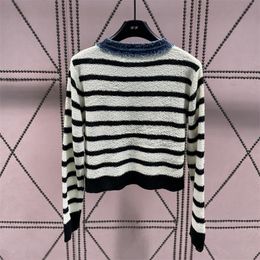 Women's Sweaters 2023 Early Autumn Vintage Denim Colored Striped Knitted Cardigan Love Button Fashion Long Sleeve Coat Women 230831