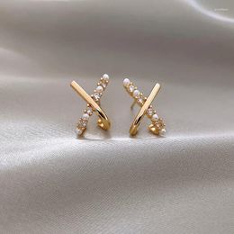 Stud Earrings 925 Silver Needle Exquisite Small Cross Pearl Korean