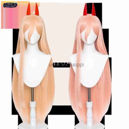 Cosplay Wigs Anime Chainsaw Man Makima Power Cosplay Wig Long Orange Pink Heat Resistant Synthetic Hair Party Role Play Wigs WigCap Horns x0901