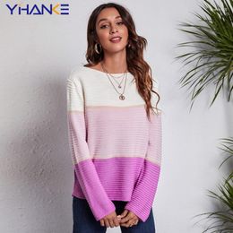 Women's Sweaters Fall Winter Coloured Block Jumper Fancy Knit Wide Multicoloured Stripe Sweater Plus Size Female