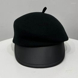 Berets Women Wool Winter Cap With Leather Visor Ladies Warm Hat Female Snow Ski Caps Beret Sboy