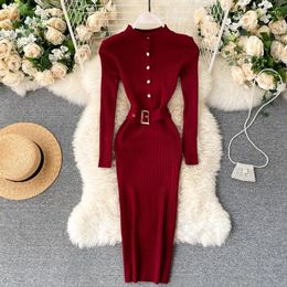 Casual Dresses Slim Button Autumn Bandage Bodycon Knitted Cotton Sweater Midi Dress Vintage Winter Party Women Office Knee Length Vestidos