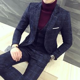 Men's Suits (Jackets Vest Pants) 2023 Men Plaid Business Blazers/Male Slim Fit Pure Cotton Three-piece Suit/Man Groom Dress M-5XL