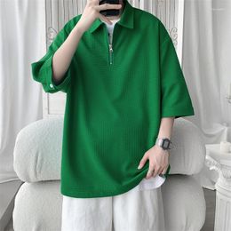 Men's Polos Mens Green Waffle Zipper Summer Short Sleeve Regular Casual T-shirt Fashion Solid Colour Korean Style Streetwear Tee Tops