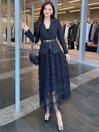 패션 세트 2023 가을/겨울 새로운 스타일 기질 정장 라펠로드 케이크 큰 스윙 메쉬 스커트 두 컬러 s-xltwo 피스 드레스