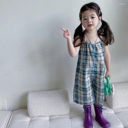 Trousers Philology Korean Kids's Wear Summer Girls' Sen Suspender Wide Leg Pants Children's Checked Jumpsuit Capris