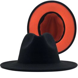 2021 New Outer Black Inner Orange White Green Tan Red Wool Felt Jazz Fedora Hats with Belt Buckle Wide Brim Panama Cap 60CM283D