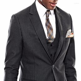 Men's Suits Fashion Custom Made Dark Grey Pinstripe Men Pinstriped Blazer (Jacket Pant Vest Tie Handkerchiefs) Formal Terno