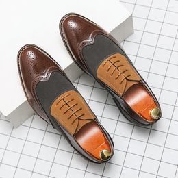 Dress Shoes Block Men PU Spliced Mixed Color Carved Lace Up Business Comfortable Classic Large Sizes 38-48