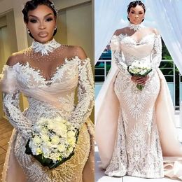 Luxury African Mermaid Wedding Dresses Beaded Lace Appliques Long Sleeves Arabic Aso Ebi Bridal Gowns With Detachable Train Illusion High Neck Robe De Mariee