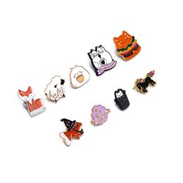 Cartoon Cute Animal Black Cat Enamel Pins Skull Flower Kitten Hug Star Moon Round Alloy Brooch Badge Fashion Woman Jewellery Gift