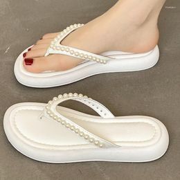 Slippers 2023 Women Shoes Thick Soled High-heeled Flip Flops Pearl Beach Open Toed Sexy Womens Zapatos